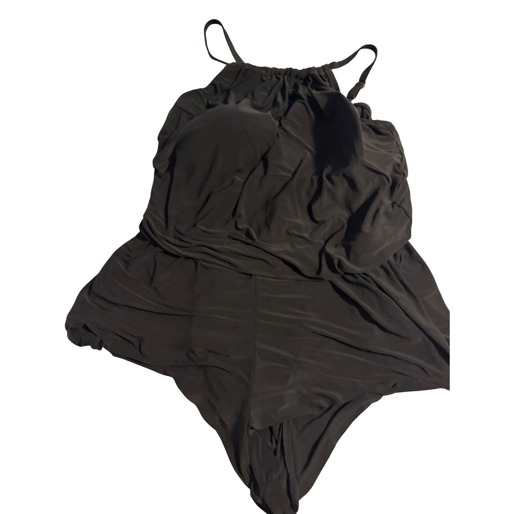 Aqua Green One Piece Swimsuit Blouson Romper Black High Neck Halter 20W